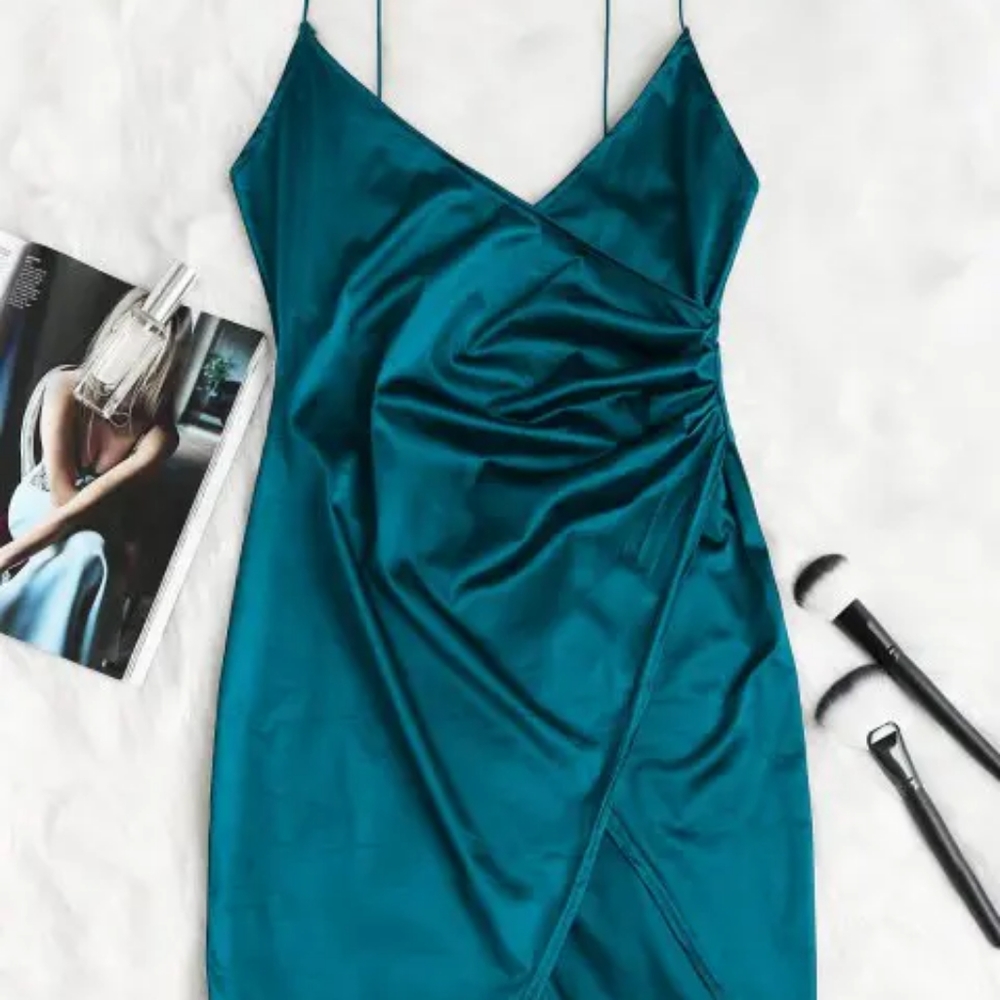 Peacock Blue Cami Draped Crossover Slip Dress